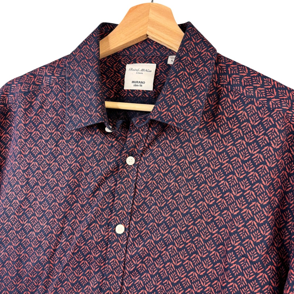 Murano Baird McNutt Linen Slim Fit Shirt Mens Large Navy Blue Coral Leaf Print